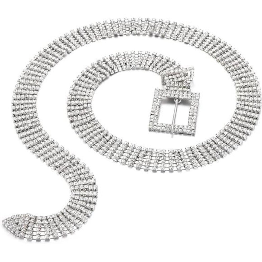 Women Rhinestone Belt Bling Crystal Shiny Waist Dress Belt Silver - Picture 4 of 8